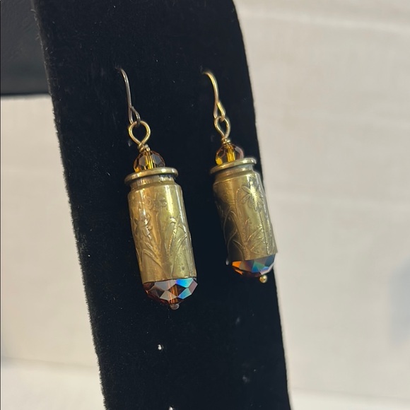 Handcrafted Floral Engraved Bullet Shell Casing Gold Dangle Earrings Western - Picture 1 of 6